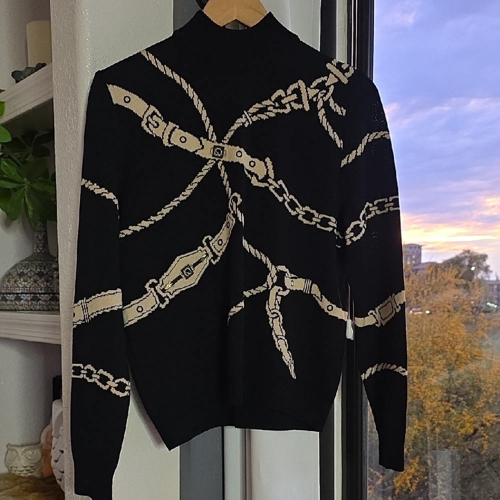 ST JOHN Black Creamy Gold Mock Neck Zip Belt Chain Sweater Size S